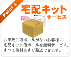 お手元に段ボールがないお客様に、宅配キット段ボールを無料サービス。すべて無料＆すぐ発送できます。