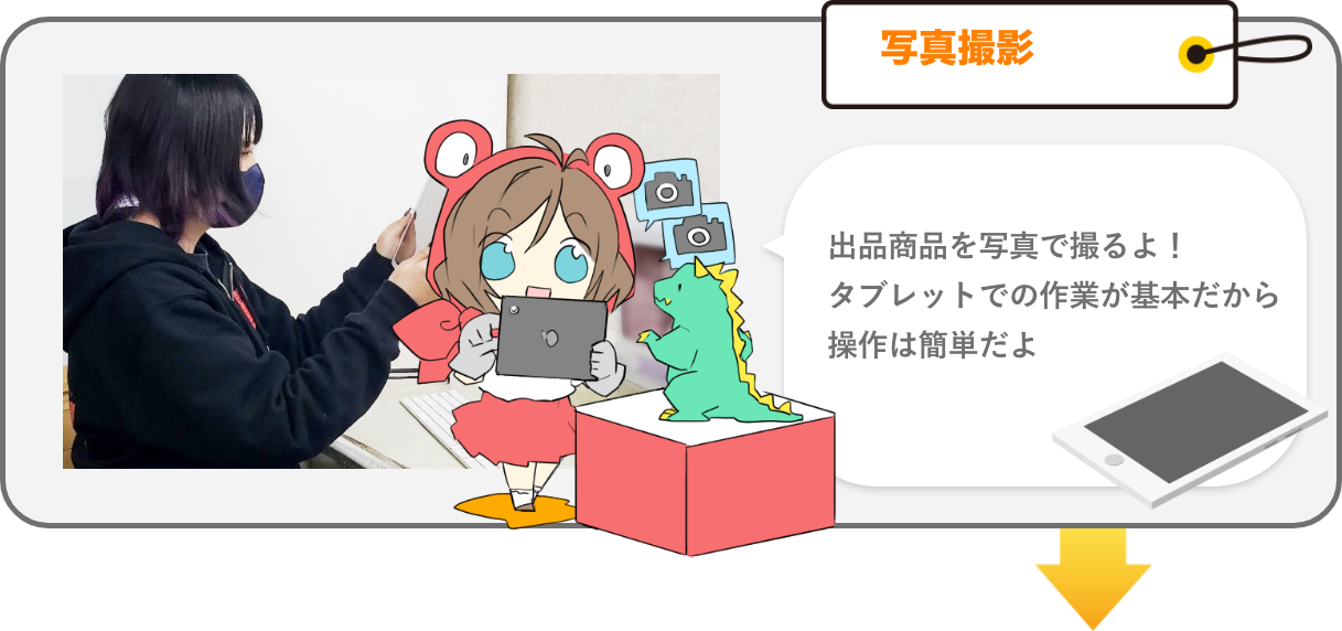 出品商品を写真で撮るよ。タブレットでの作業が基本だから、操作は簡単だよ。