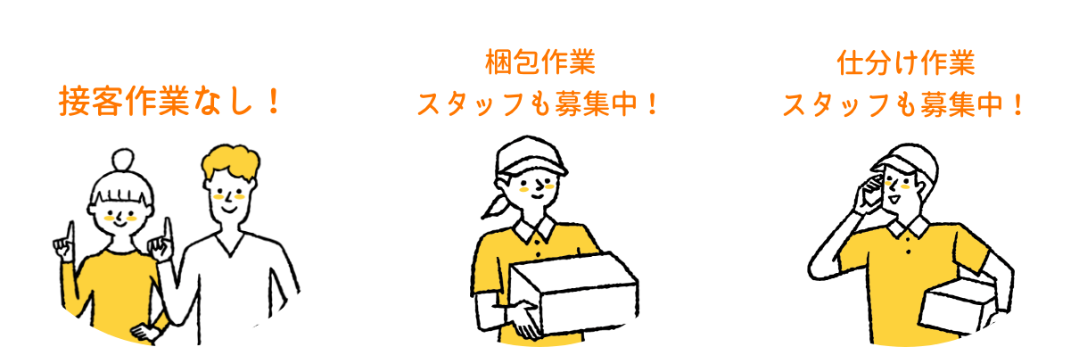 接客作業なし、梱包作業スタッフも募集中、仕分け作業スタッフも募集中
